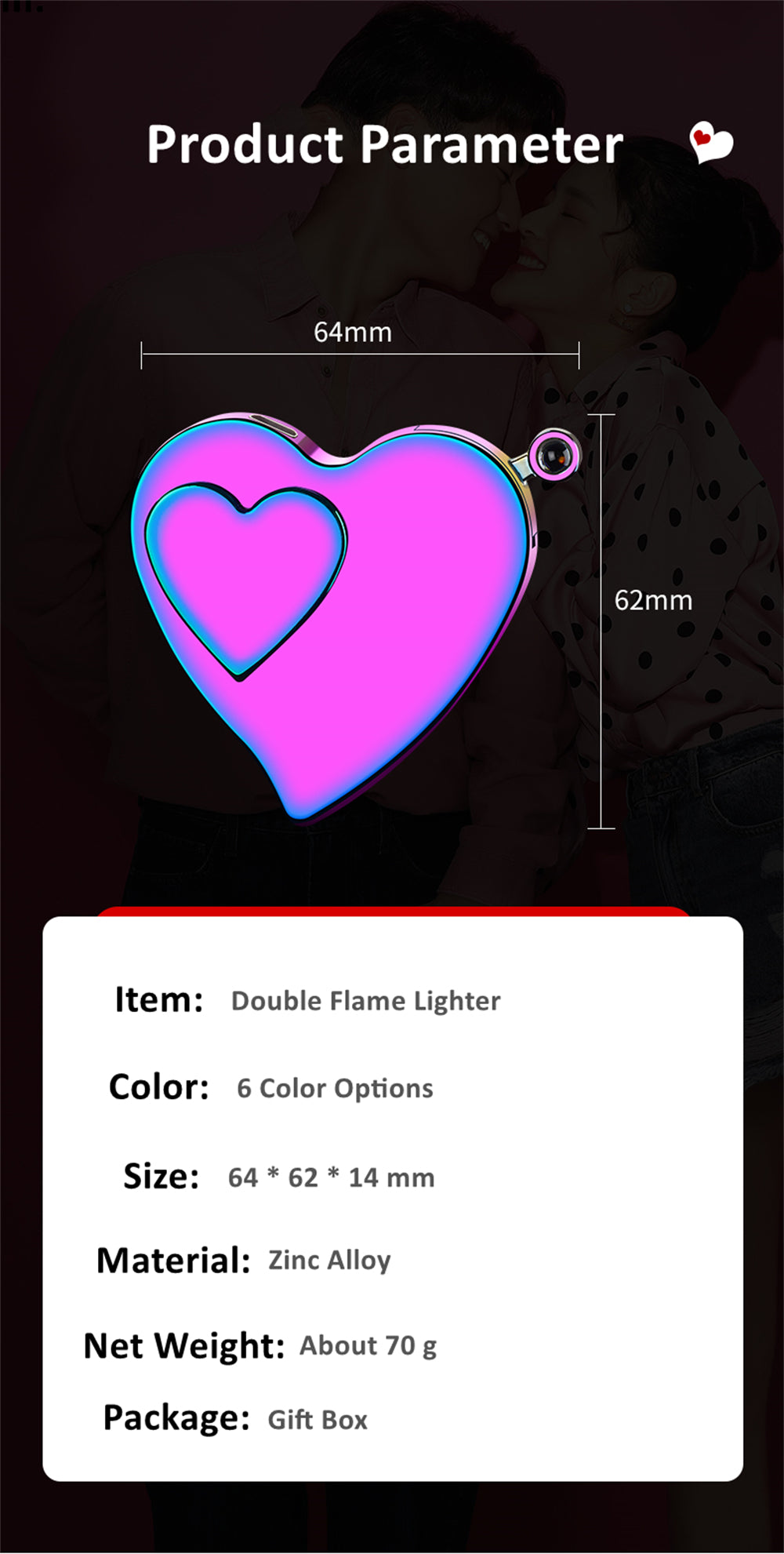 Dual Burner Butane Refillable Jet Torch and ARC Electronic Heart-shaped pink Lighter parameter