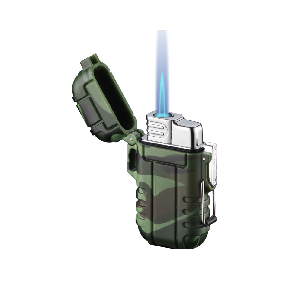 Double Burner Camo Lighter - Refillable Butane jet Torch Lighter - Rubber Casing Waterproof lighter