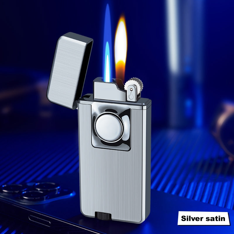 Dual Burner Refillable Butane Soft Flame and Jet Torch Lighter with Round Button - silver