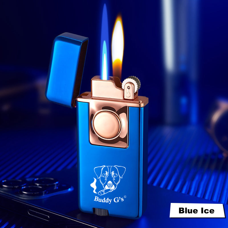 Elegant Dual Burner Refillable Butane Soft Flame and Jet Torch Lighter with Round Button to Switch from Soft Flame to Torch