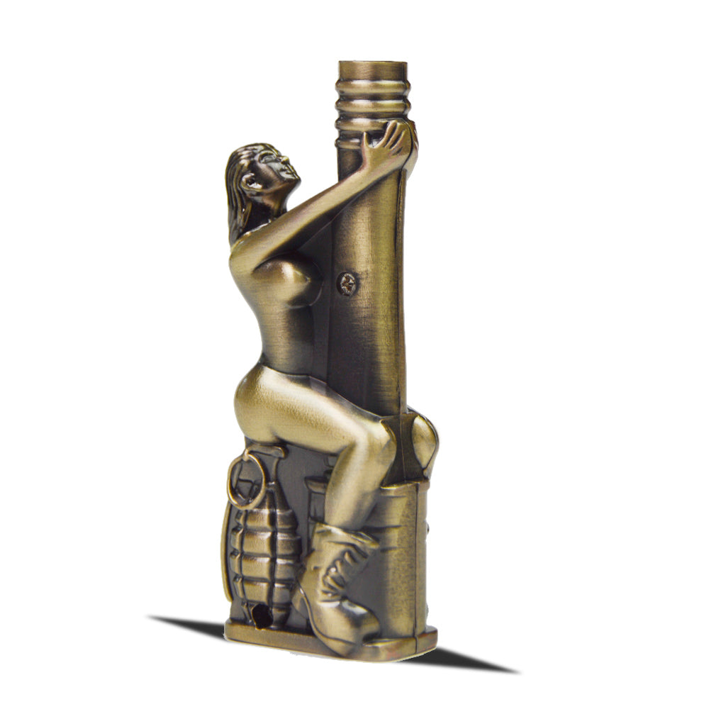 Vintage Inspired Metal Windproof Refillable Butane Torch Lighter with an Exotic Dancer - Antique Brass