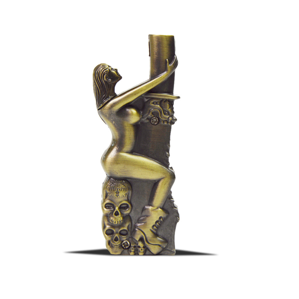 Vintage Inspired Metal Windproof Refillable Butane Torch Lighter with an Exotic Dancer - Antique Brass