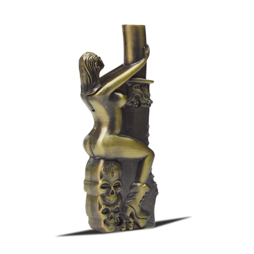 Vintage Inspired Metal Windproof Refillable Butane Torch Lighter with an Exotic Dancer - Antique Brass
