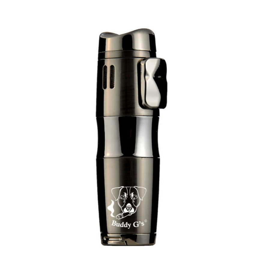 Triple Burner Refillable Butane Jet Torch Lighter - Cigar Holder on Top - Built-in Cigar Punch