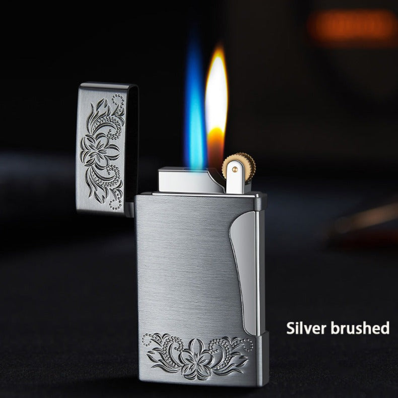 Dual Flame Refillable & Adjustable Butane Lighter - Flint Wheel Lighter - Silver