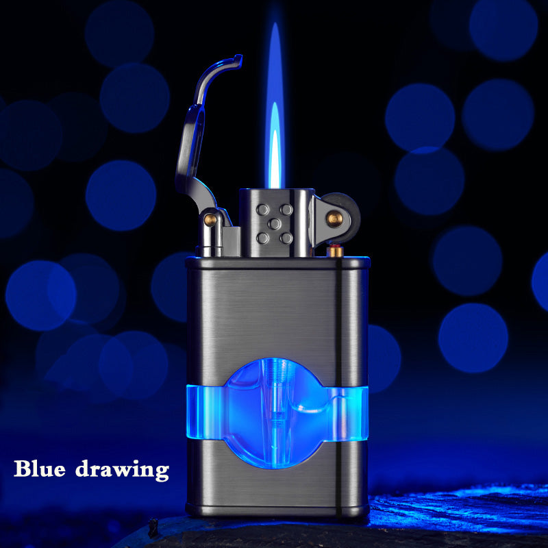 Single Torch Butane Lighter with Adjustable Flame and See-thru Reservoir with a Blue Light