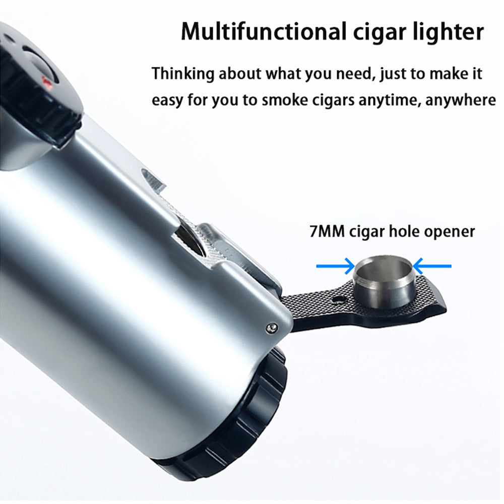 Quad Flame Torch Lighter - Refillable & Adjustable Butane Lighter -Built-in Cigar Punch - Fuel-level Window - Flint Striking Wheel