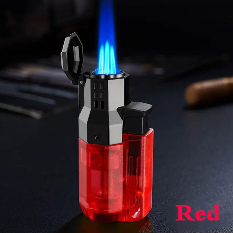 Triple Torch Windproof Adjustable Lighter with a Transparent Fuel Tank to Monitor the Fuel Level
