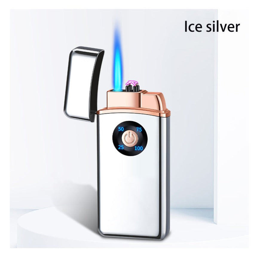 Dual Burner Butane Lighter With ARC burner, Plasma lighter - Refillable and adjustable flame -Silver