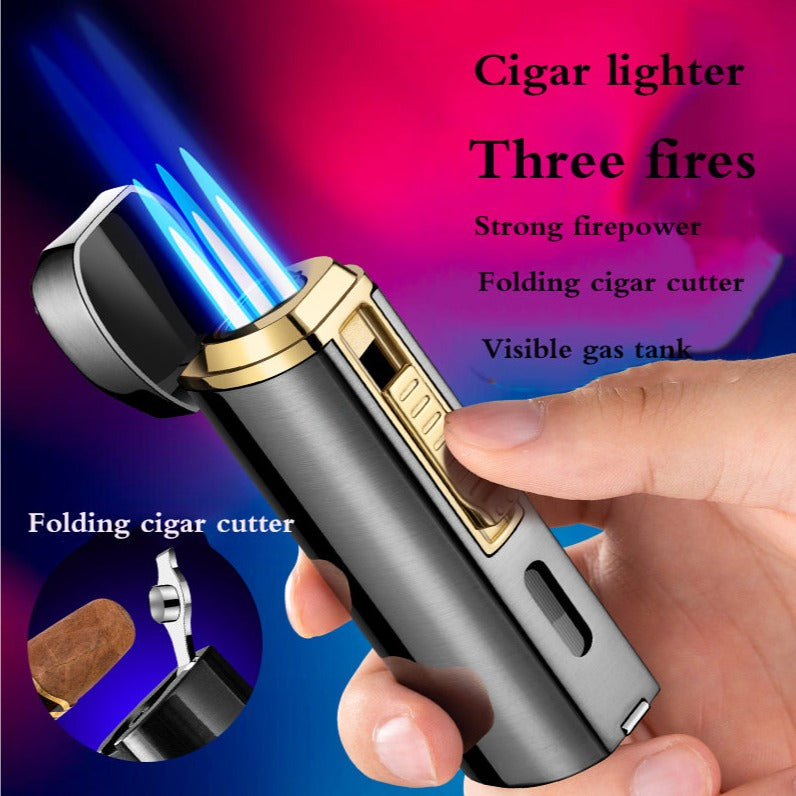 Triple Burner Refillable Butane Jet Torch Lighter - Cigar Holder on Top - Built-in Cigar Punch