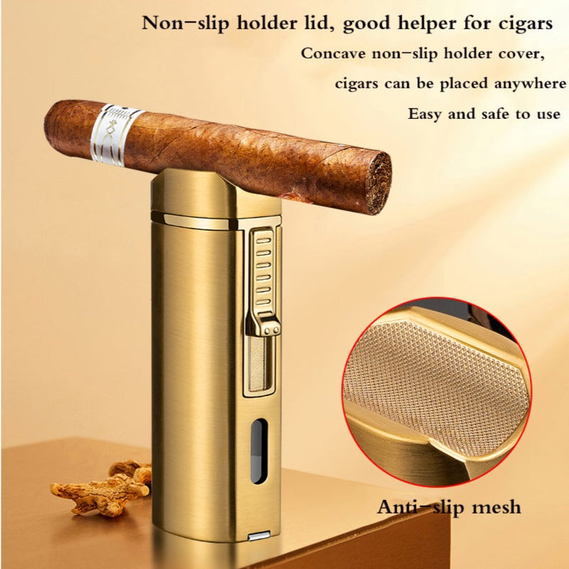 Triple Burner Refillable Butane Jet Torch Lighter - Cigar Holder on Top - Built-in Cigar Punch