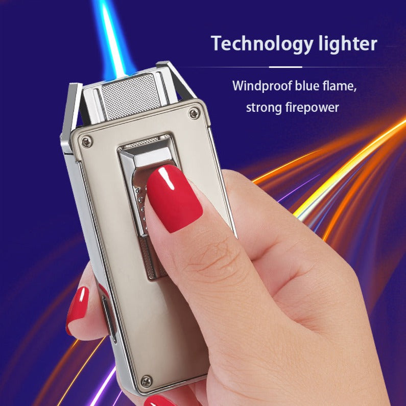 Elegant Vintage Metal Windproof Refillable Butane Torch Lighter with Futuristic Movable Flame Door