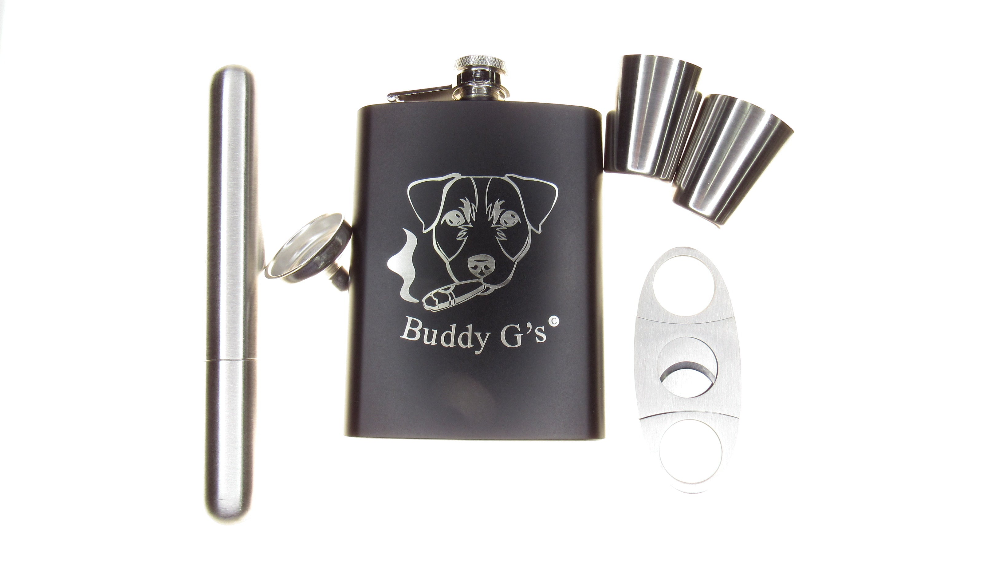 Whisky Hip Flask Set - 8 oz. Stainless Steel Flask Finished in Rich Matte Black 6 Piece Buddy G's Flask Gift Boxed Set with a Cigar Cutter, Cigar Tube, 2 Shots and a Funnel