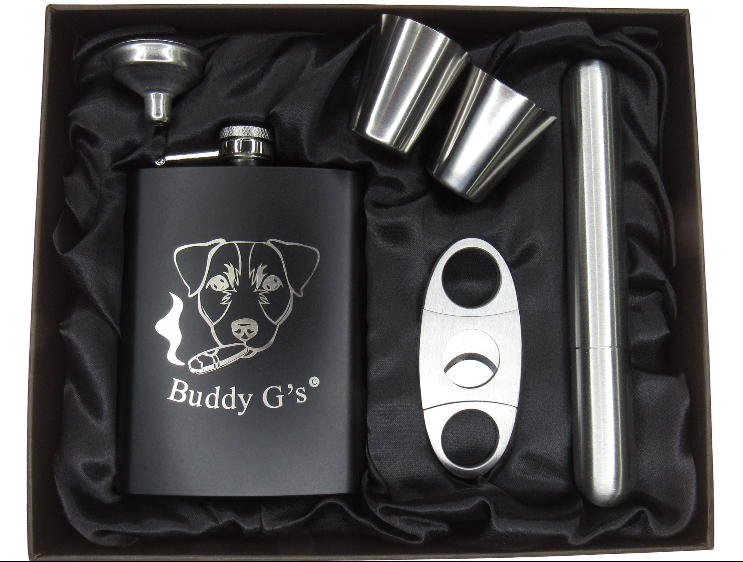 Whisky Hip Flask Set - 8 oz. Stainless Steel Flask Finished in Rich Matte Black 6 Piece Buddy G's Flask Gift Boxed Set with a Cigar Cutter, Cigar Tube, 2 Shots and a Funnel