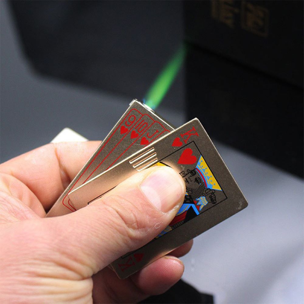 KING OF HEARTS Metal Playing Cards Lighter, Refillable Butane Torch Lighter with Flashlight