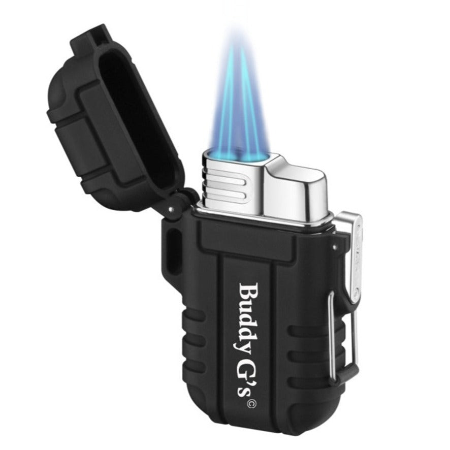 Double Burner Refillable Butane Windproof Double Jet Torch Lighter in a Textured Rubber Casing