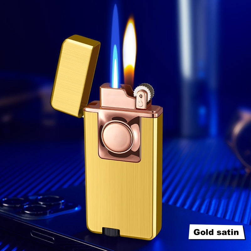 Dual Burner Refillable Butane Soft Flame and Jet Torch Lighter with Round Button - Golden
