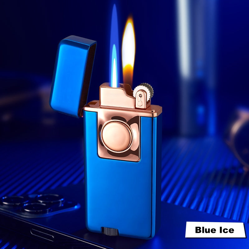 Dual Burner Refillable Butane Soft Flame and Jet Torch Lighter with Round Button - Blue