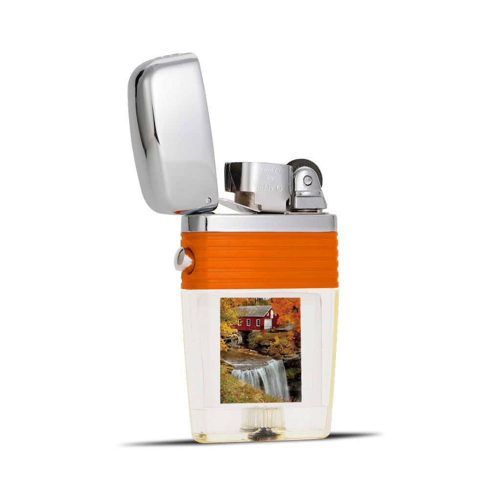 Autumn Gristmill Flint Wheel Lighter - Soft Flame Lighter - Crystal Clear Vintage Lighter