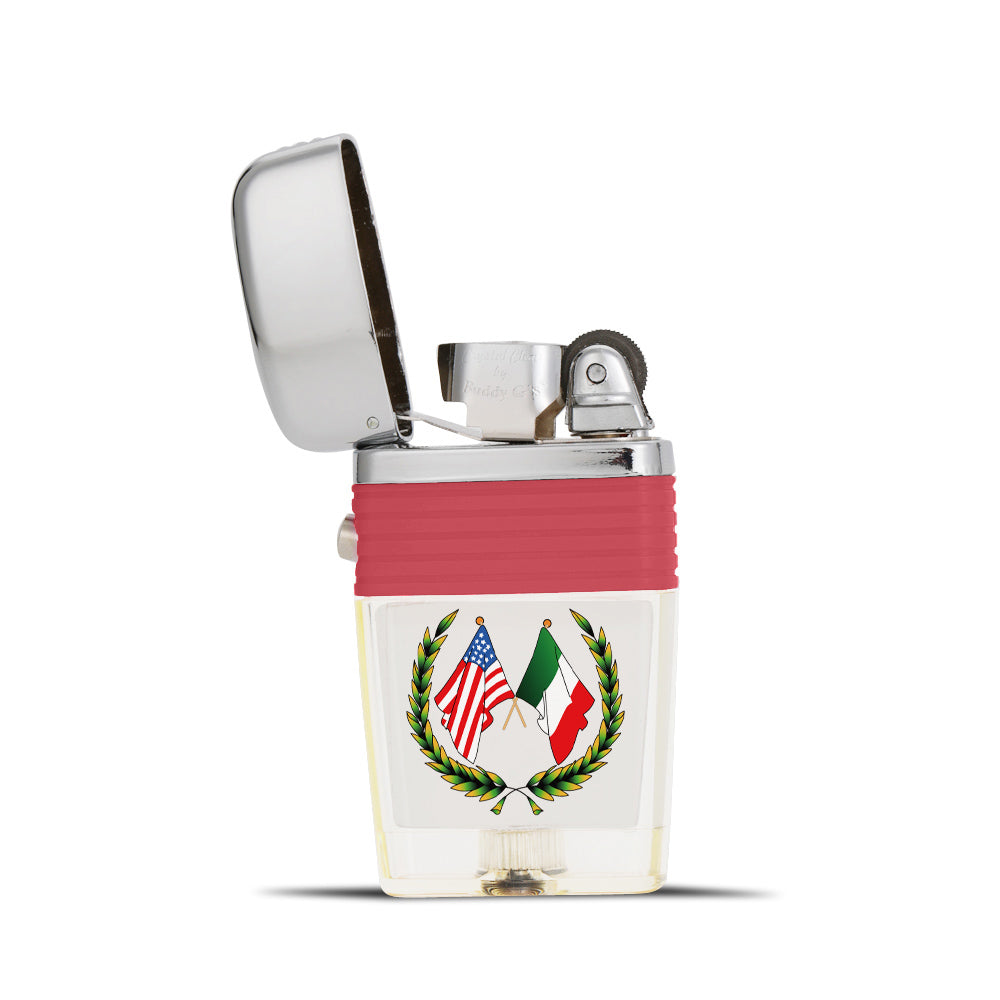 USA and Italy Flags Inside a Wreath Flint Wheel Lighter - Soft Flame Lighter - Vintage Lighter