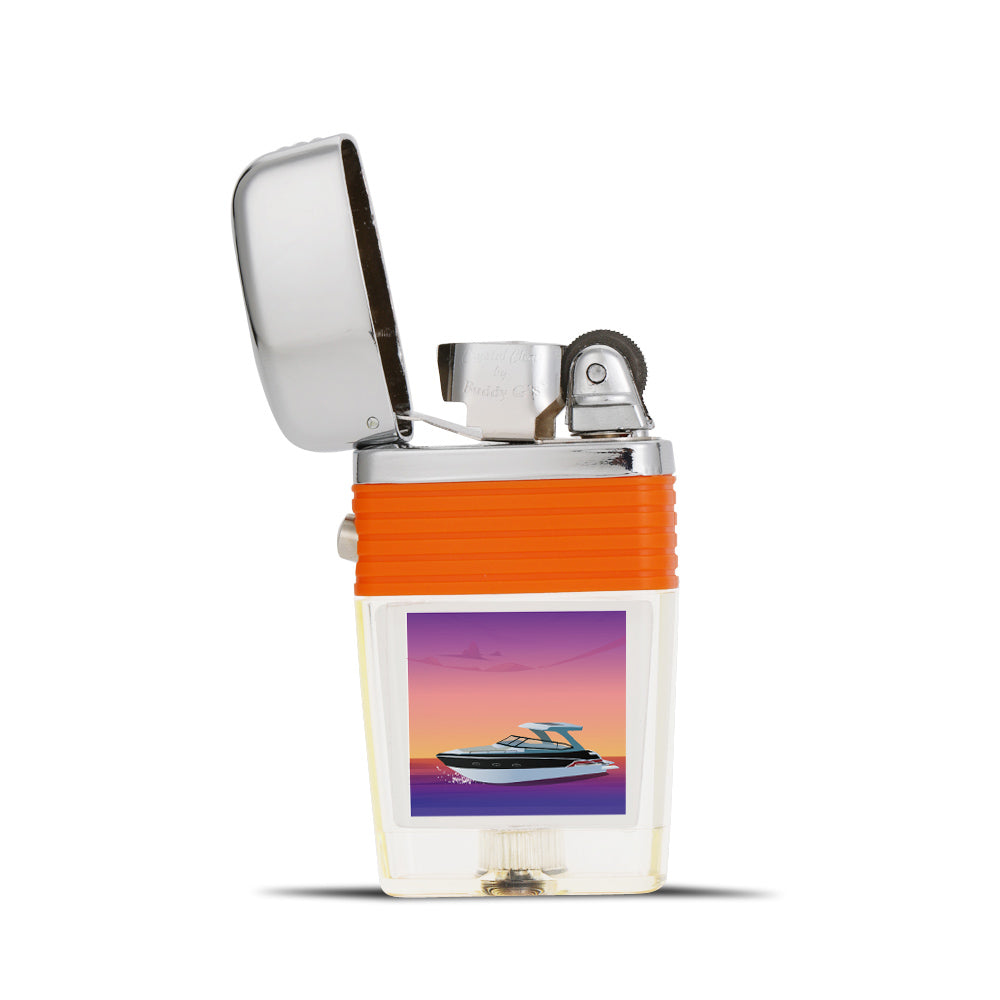 Powerboat on the Ocean Flint Wheel Lighter - Soft Flame Lighter - Crystal Clear Vintage Lighter