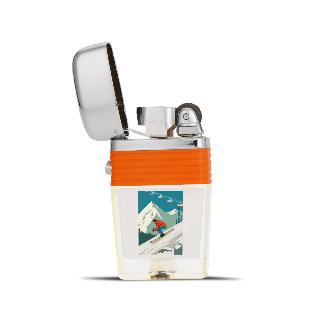 Downhill Skier Flint Wheel Lighter - Soft Flame Lighter - Crystal Clear Vintage Lighter