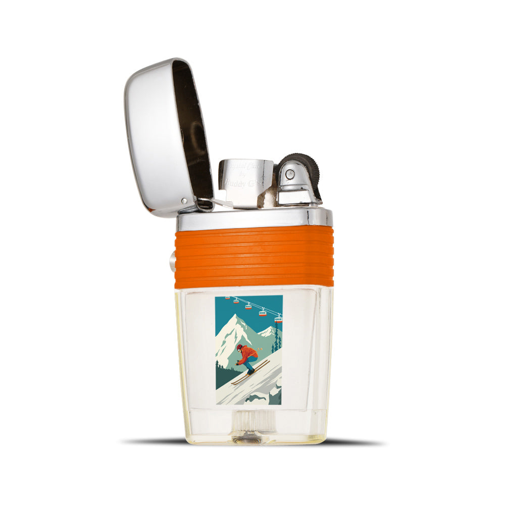 Downhill Skier Flint Wheel Lighter - Soft Flame Lighter - Crystal Clear Vintage Lighter