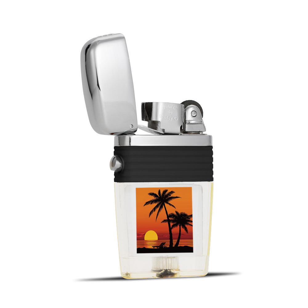 Sunset Silhouette on the Beach Flint Wheel Lighter - Soft Flame Lighter - Crystal Clear Vintage Lighter