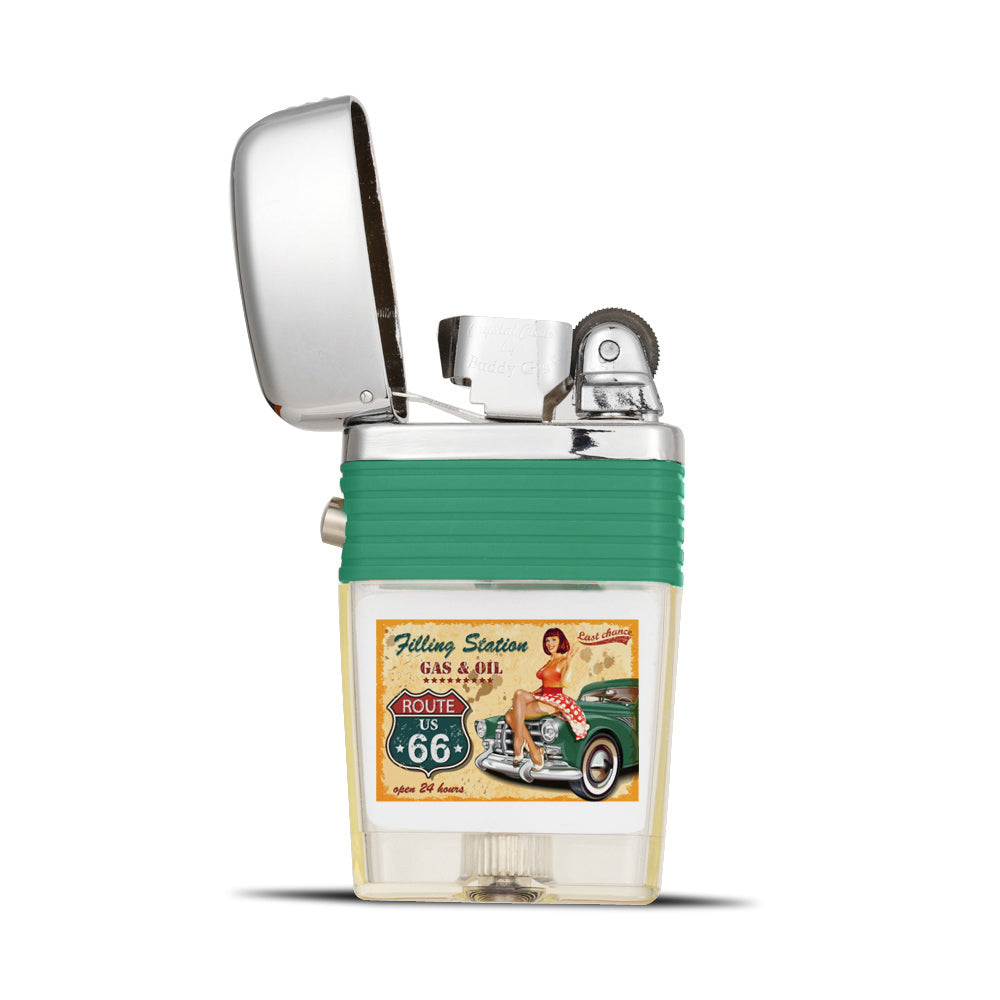 Vintage Route 66 Americana Garage with Pin-Up Girl - Flint Wheel Lighter - Soft Flame Lighter