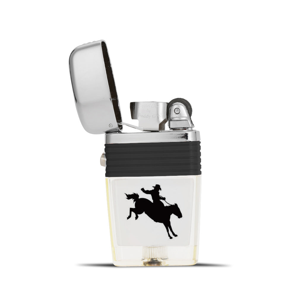 Cowboy on a Bucking Bronco Flint Wheel Lighter - Soft Flame Lighter - Crystal Clear Vintage Lighter