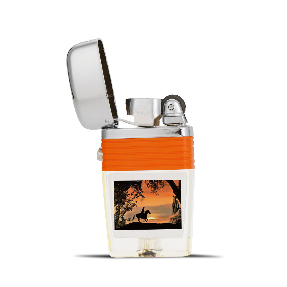 Cowboy in the Sunset Flint Wheel Lighter - Soft Flame Lighter - Crystal Clear Vintage Lighter