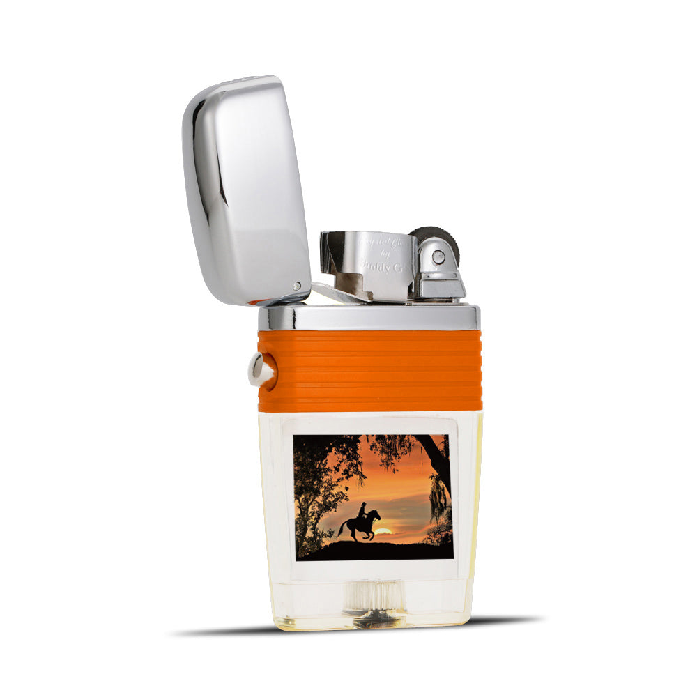 Cowboy in the Sunset Flint Wheel Lighter - Soft Flame Lighter - Crystal Clear Vintage Lighter