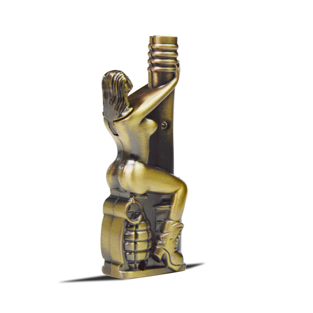 Vintage Inspired Metal Windproof Refillable Butane Torch Lighter with an Exotic Dancer - Antique Brass