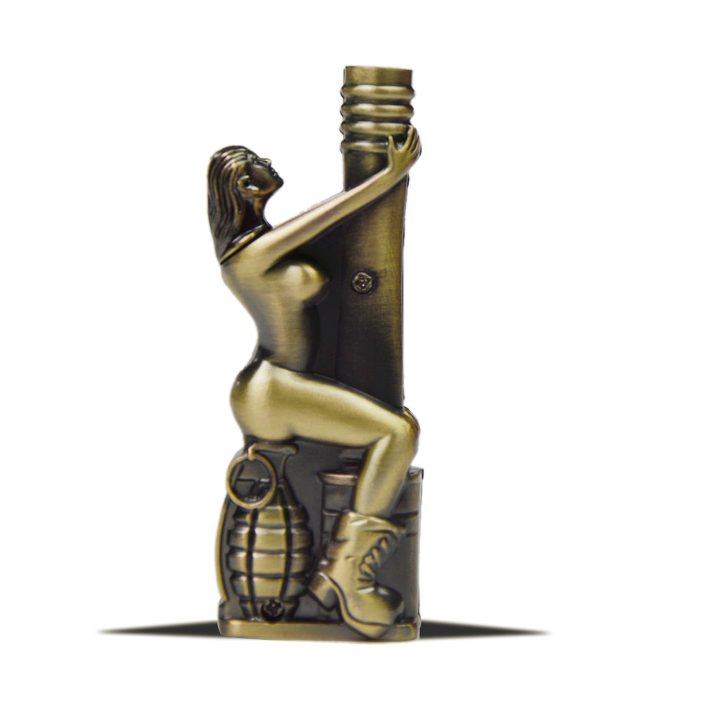 Vintage Inspired Metal Windproof Refillable Butane Torch Lighter with an Exotic Dancer - Antique Brass
